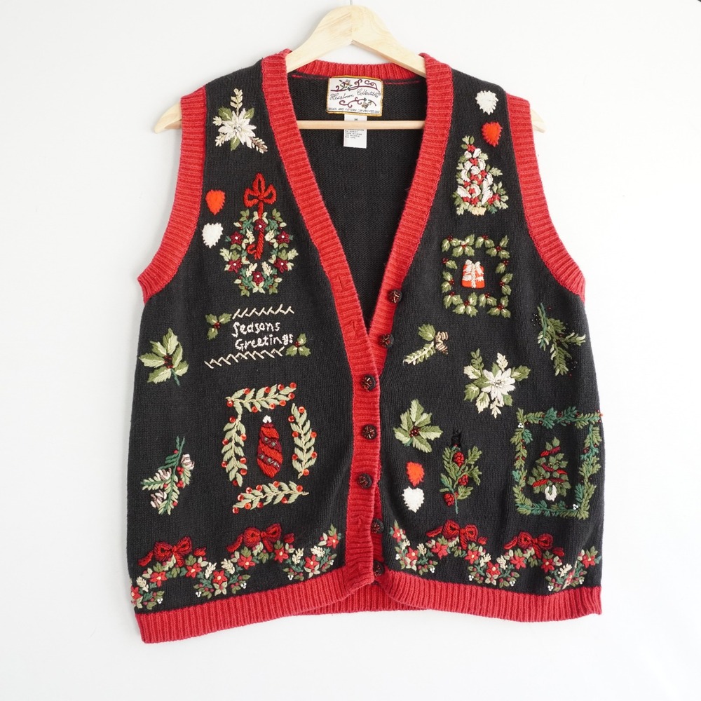 VTG Heirloom‎ Collectibles Christmas Sweater Vest Black Red Embroidered Beaded M